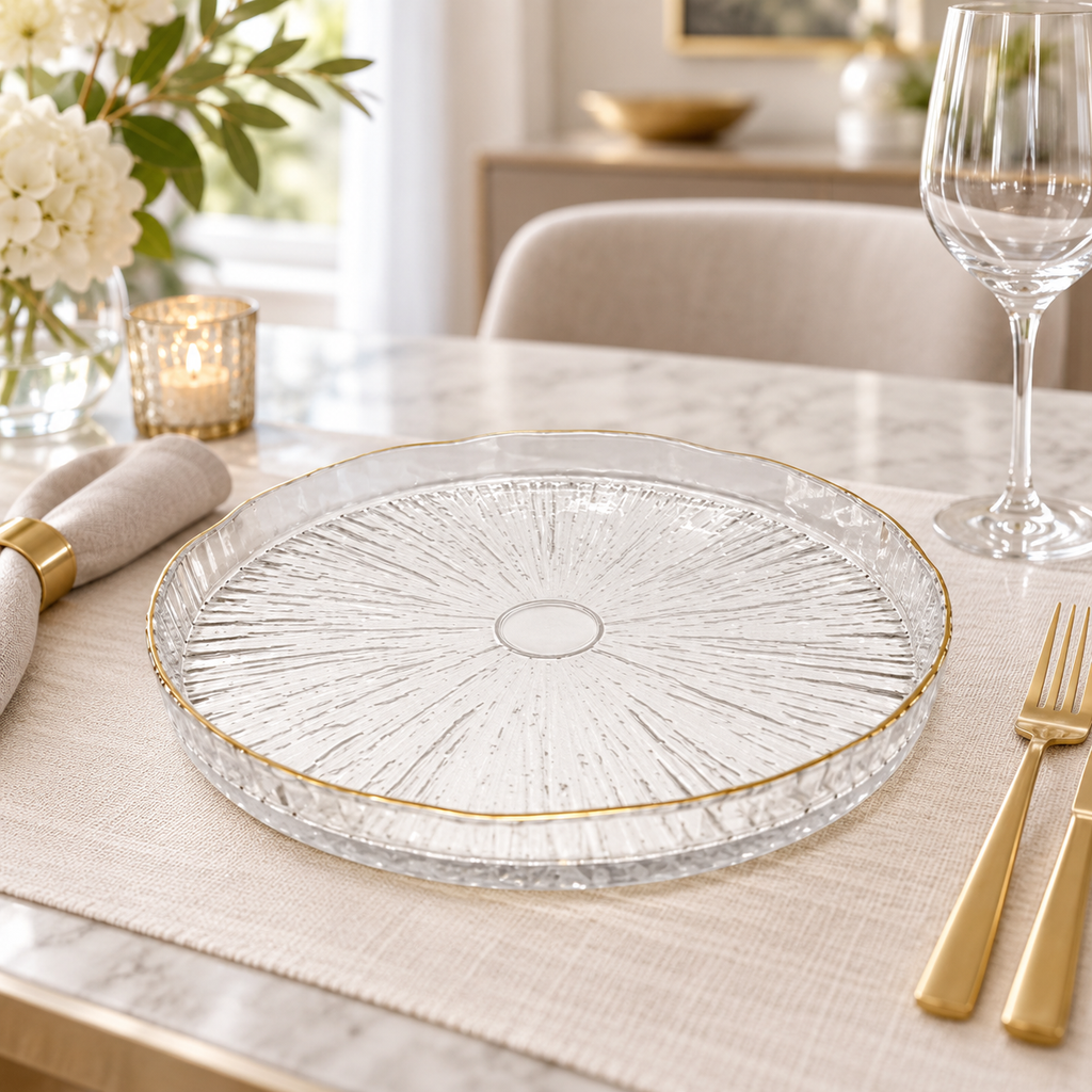 Set of 4 Crystal Glass plates Gold Raised Rim