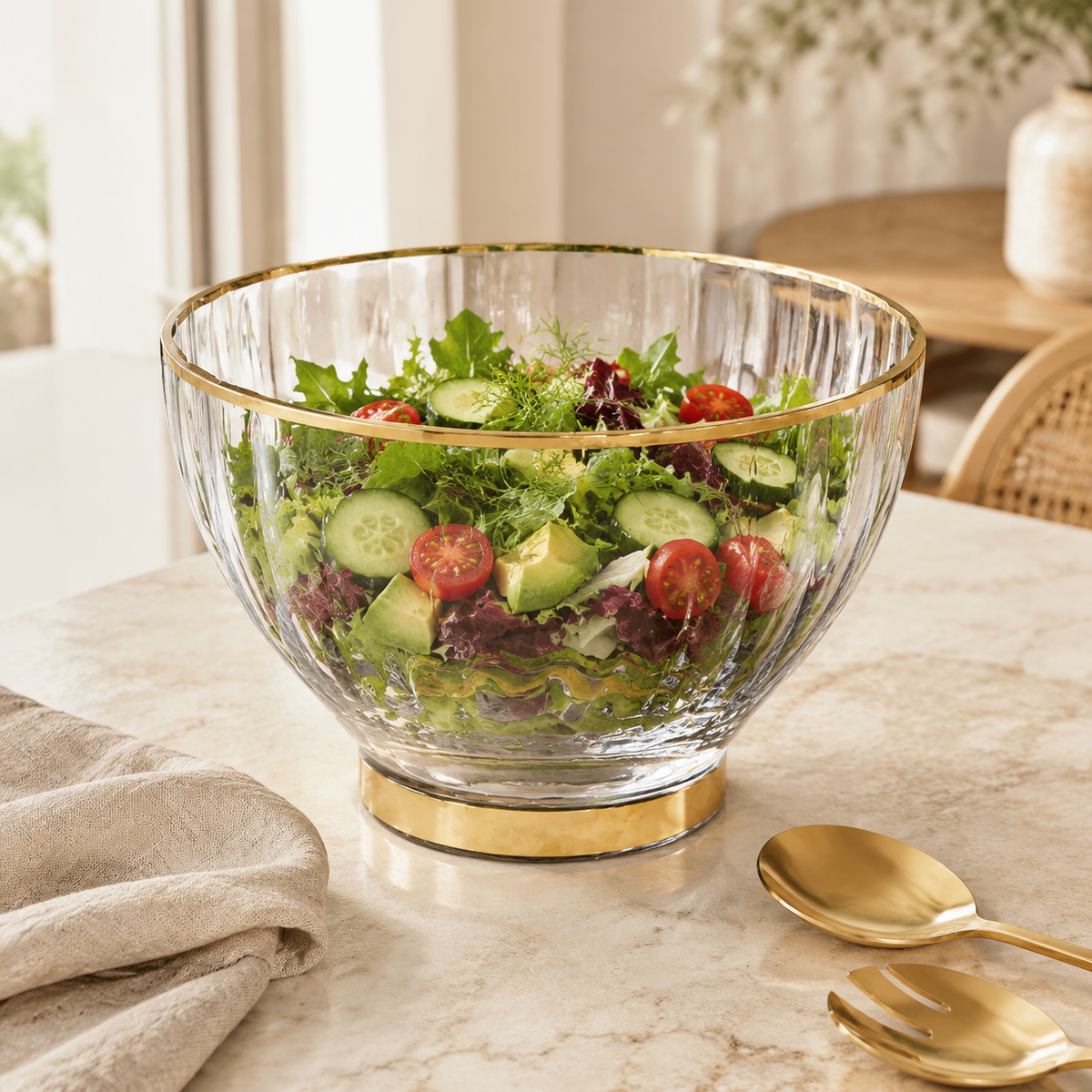 Textured Salad Bowl with Gold Rim and Base