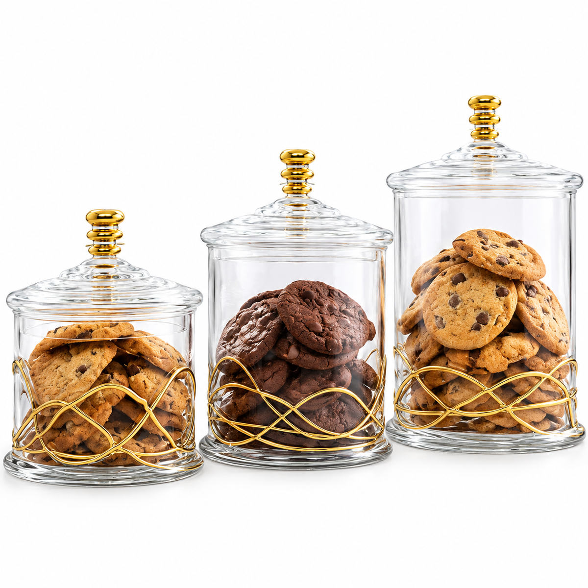 Set of 3 Glass Canisters with Gold Swirl Design