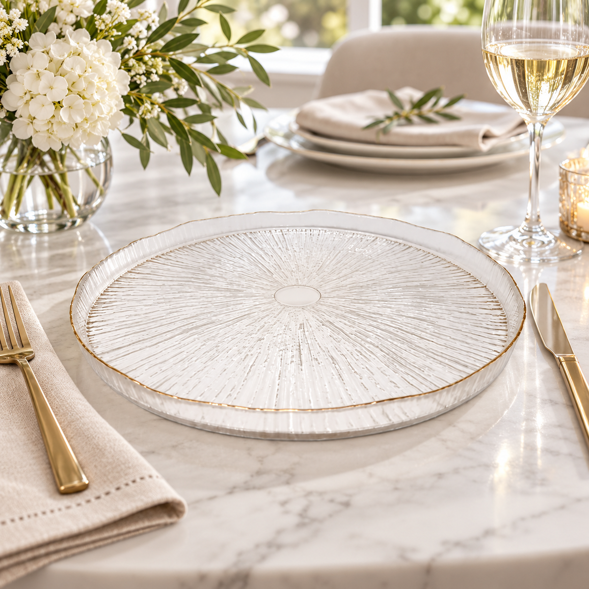 Set of 4 Crystal Glass plates Gold Raised Rim
