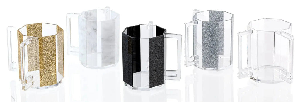 Hexagon washing cup available in multiple finishes including clear, black glitter, gold glitter, silver glitter, and marble design options.