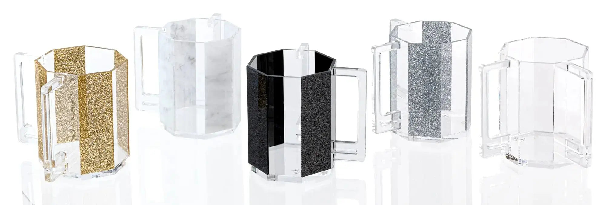 Hexagon washing cup available in multiple finishes including clear, black glitter, gold glitter, silver glitter, and marble design options.