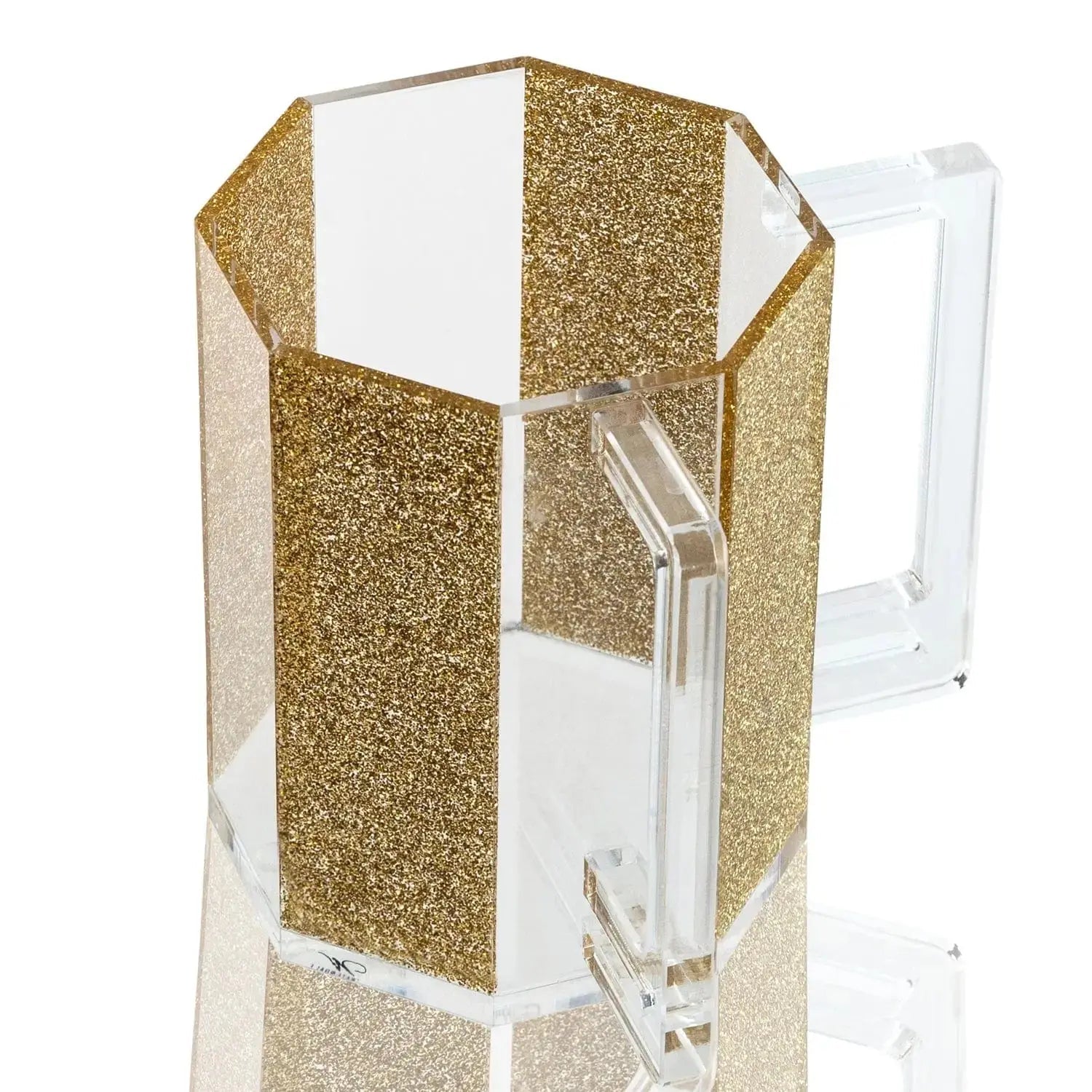 Gold glitter hexagon washing cup with white panels and clear glass interior, shown against white background.