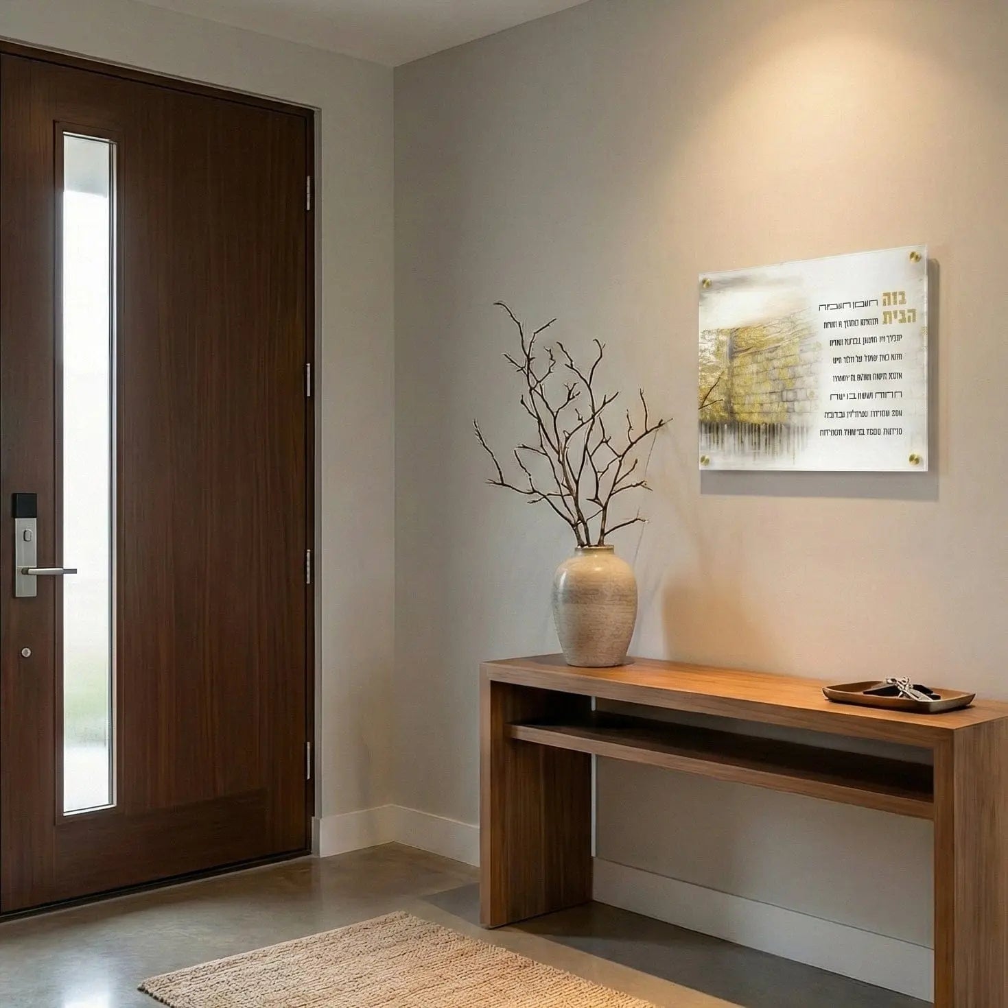 Jerusalem Taupe Birchas Habayis wall art by Waterdale Collection displayed above wooden console table in entryway