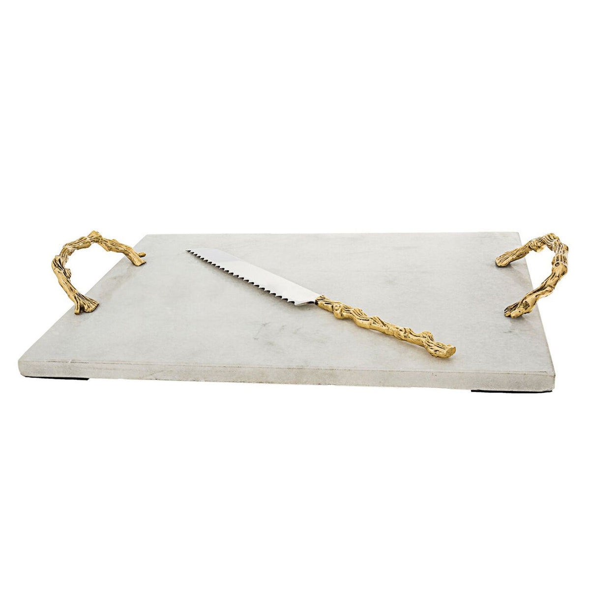 White Marble Challah Tray with Wooden Design Handles