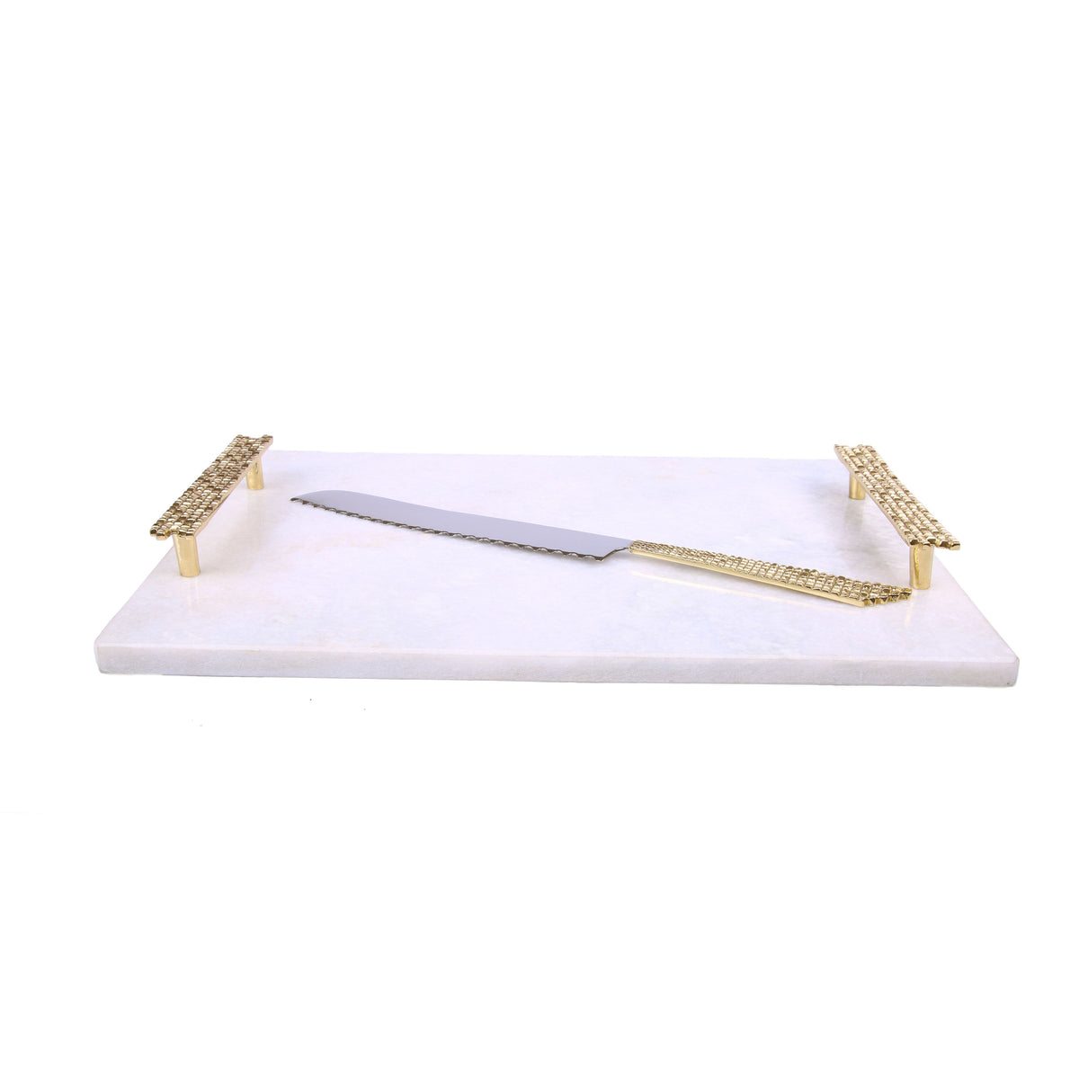 15.25"L White Marble Challah Tray With Mosaic Handles