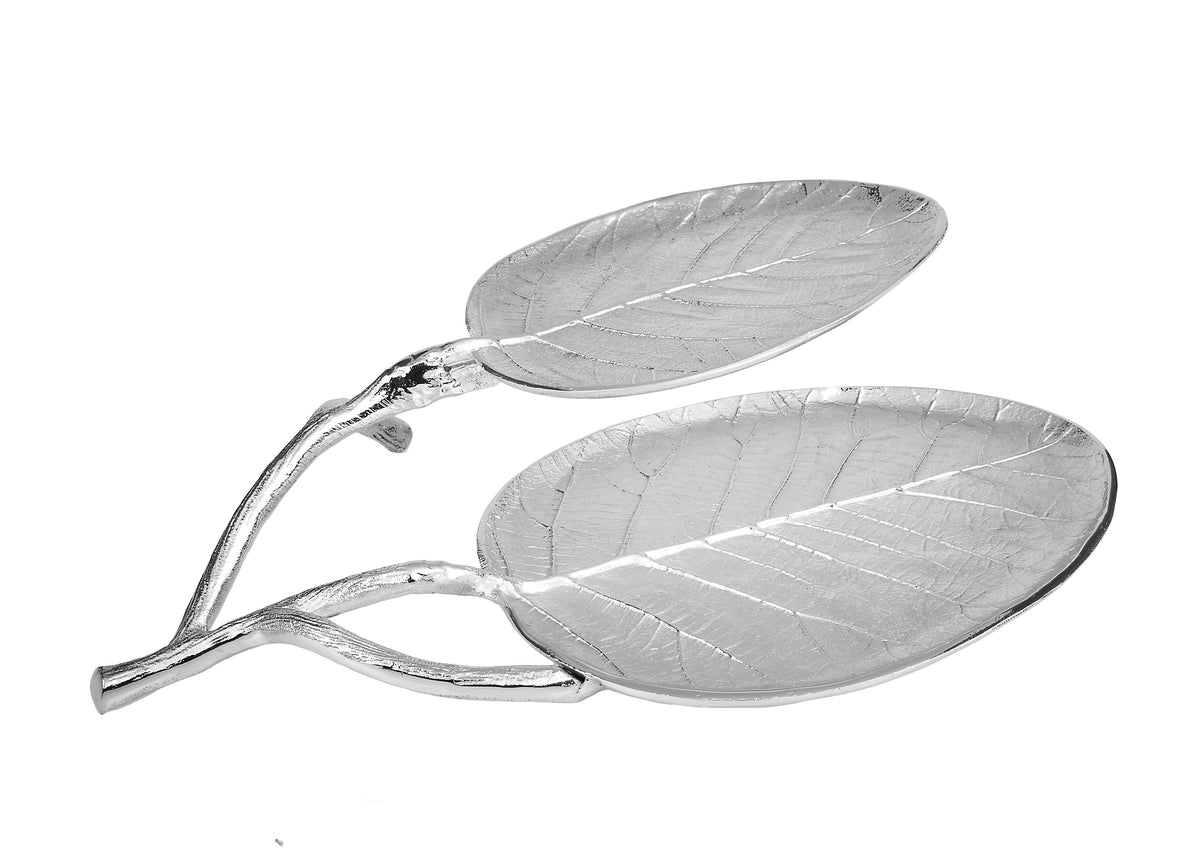 Nickel Leaf 2 Bowl Relish Dish - 14.5"L X 11.25"W X 2.75"H