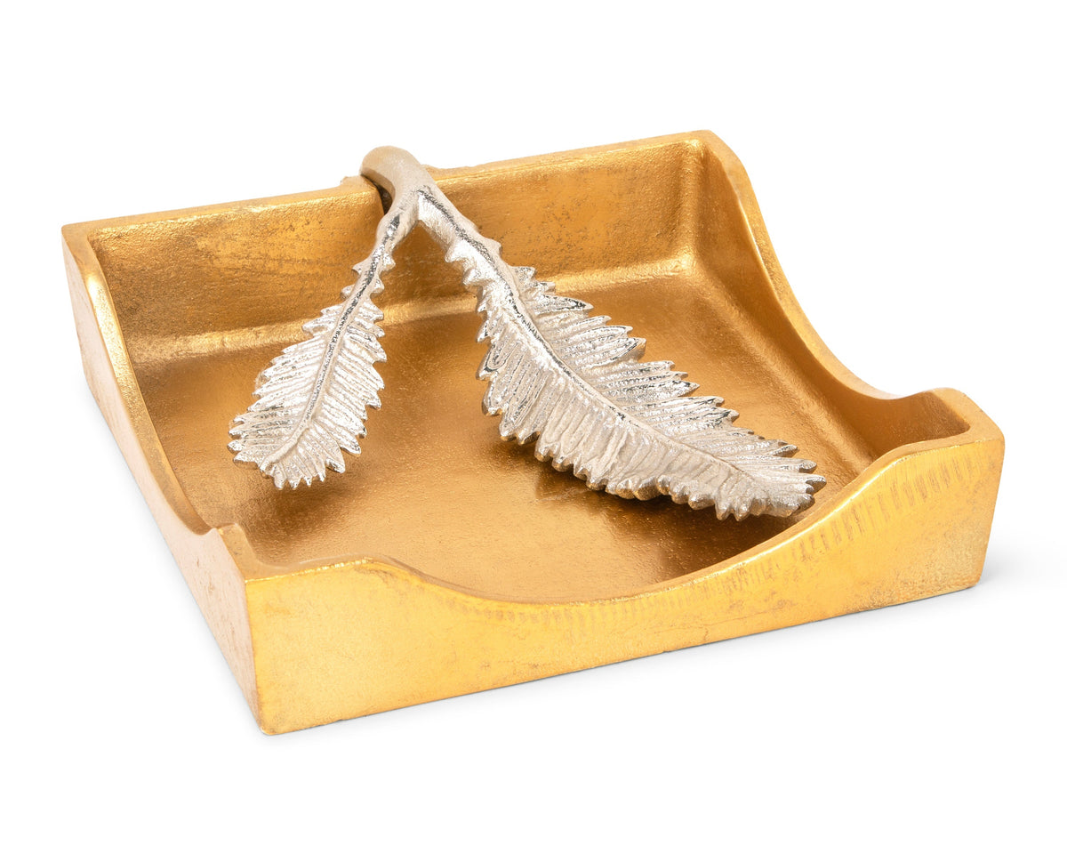 Gold Square Napkin Holder With Silver Flower Design