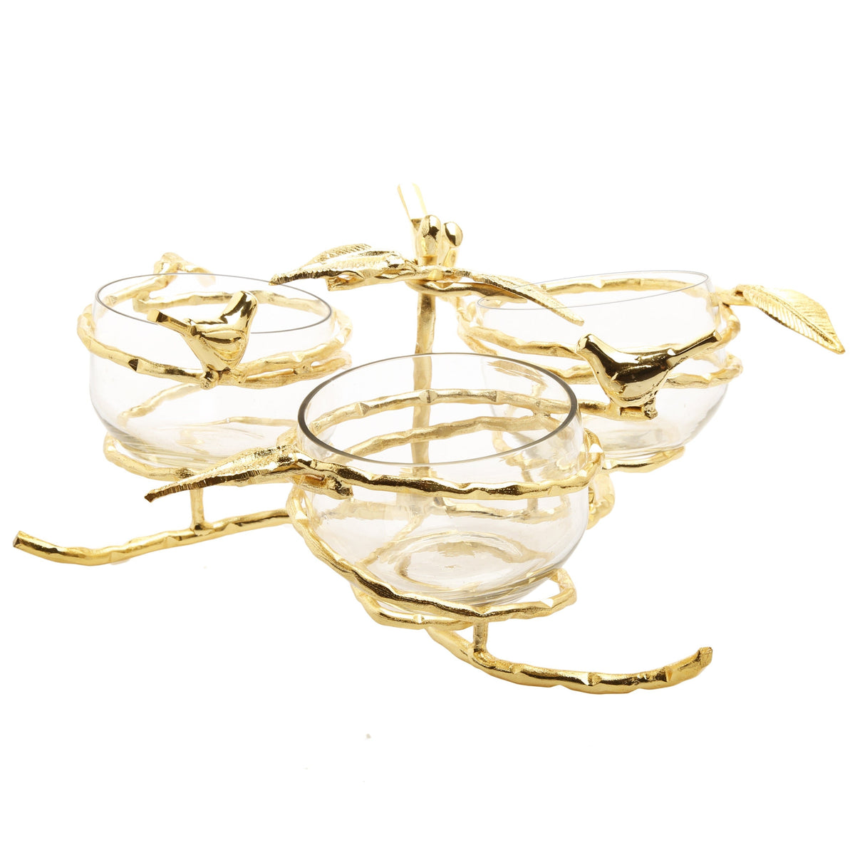 Gold Leaf 3 bowl Relish Dish with Glass Inserts