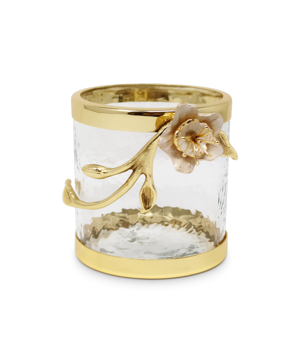 Hammered Glass Canister with White Enamel and Gold Leaf Flower, Marble Lid with Gold knob (3 sizes)