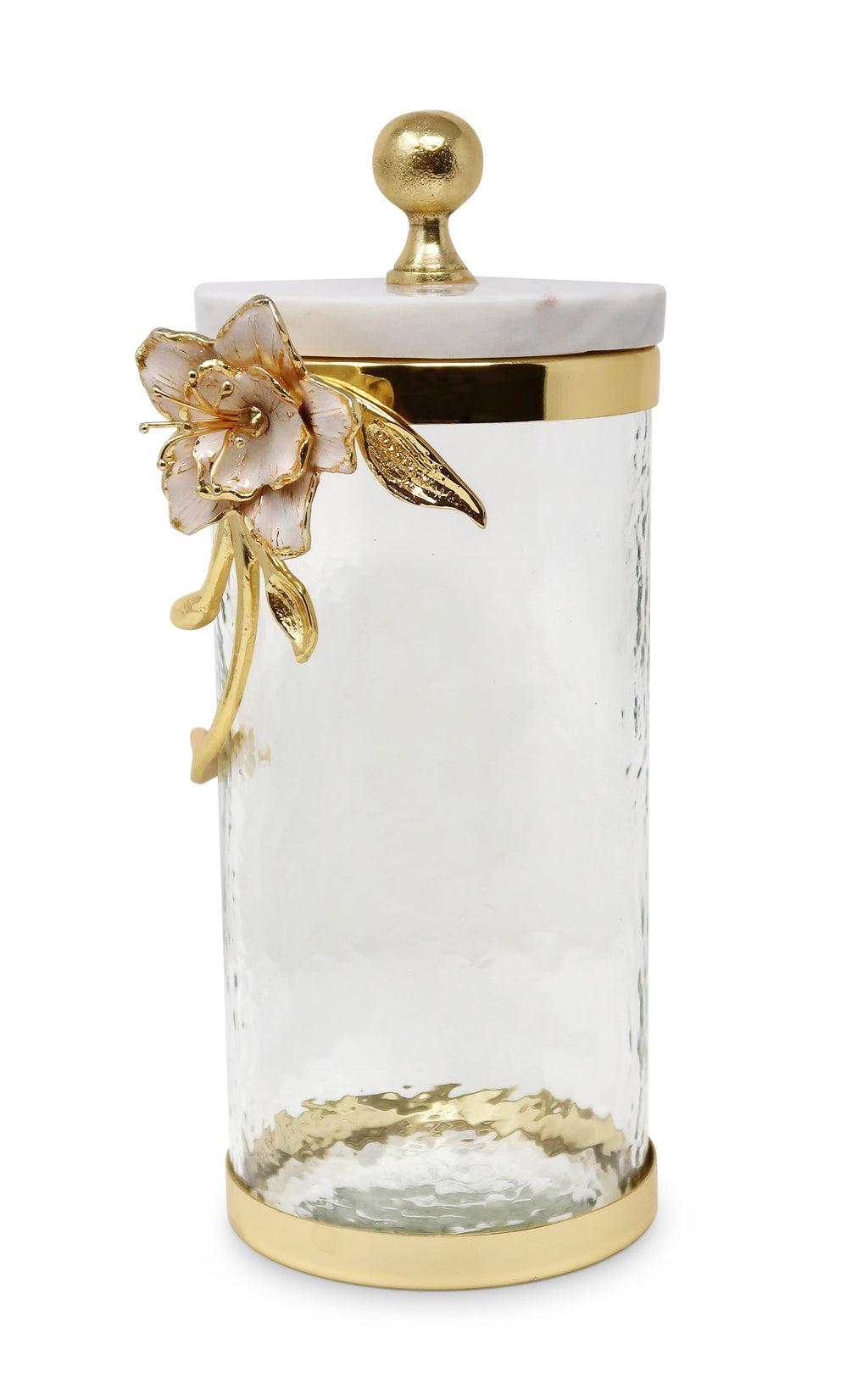 Hammered Glass Canister with White Enamel and Gold Leaf Flower, Marble Lid with Gold knob (3 sizes)