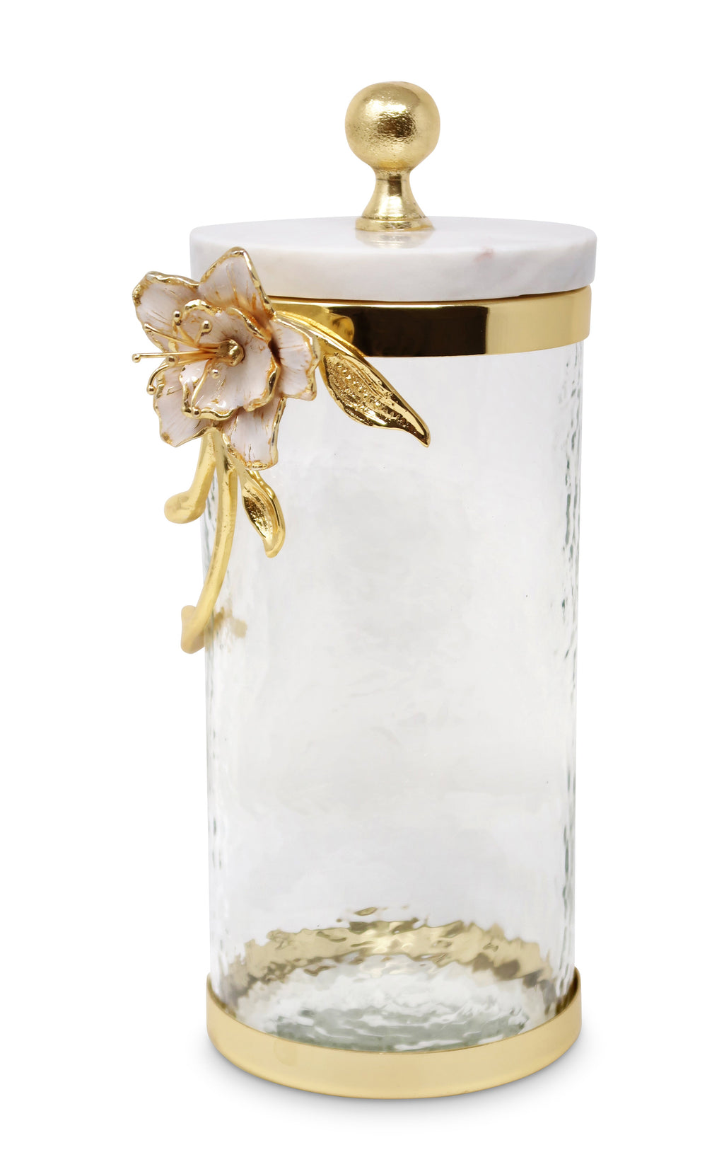 Hammered Glass Canister with White Enamel and Gold Leaf Flower, Marble Lid with Gold knob (3 sizes)