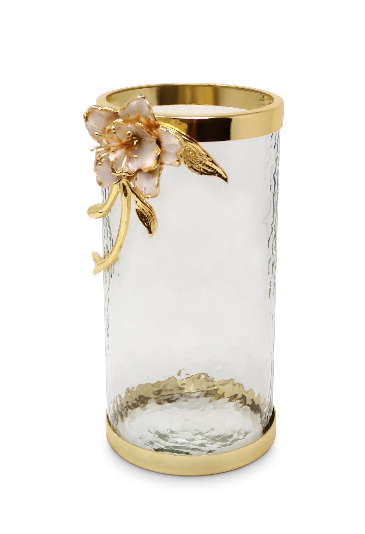 Hammered Glass Canister with White Enamel and Gold Leaf Flower, Marble Lid with Gold knob (3 sizes)