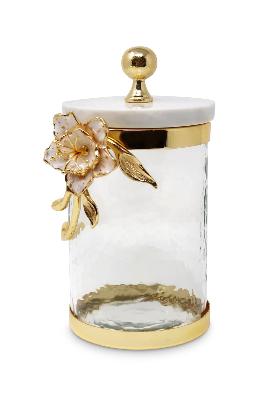 Hammered Glass Canister with White Enamel and Gold Leaf Flower, Marble Lid with Gold knob (3 sizes)