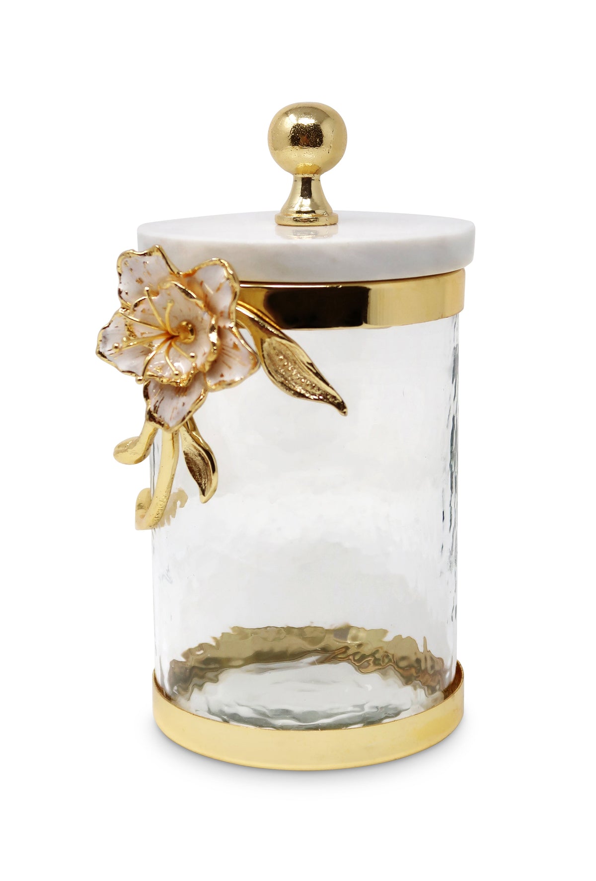 Hammered Glass Canister with White Enamel and Gold Leaf Flower, Marble Lid with Gold knob (3 sizes)