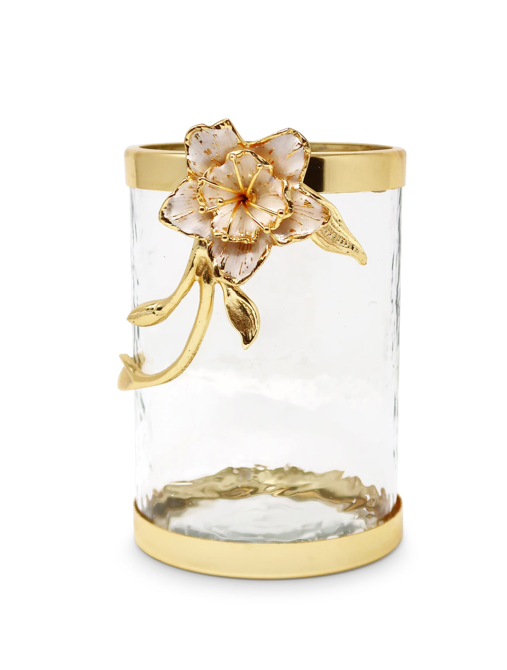Hammered Glass Canister with White Enamel and Gold Leaf Flower, Marble Lid with Gold knob (3 sizes)