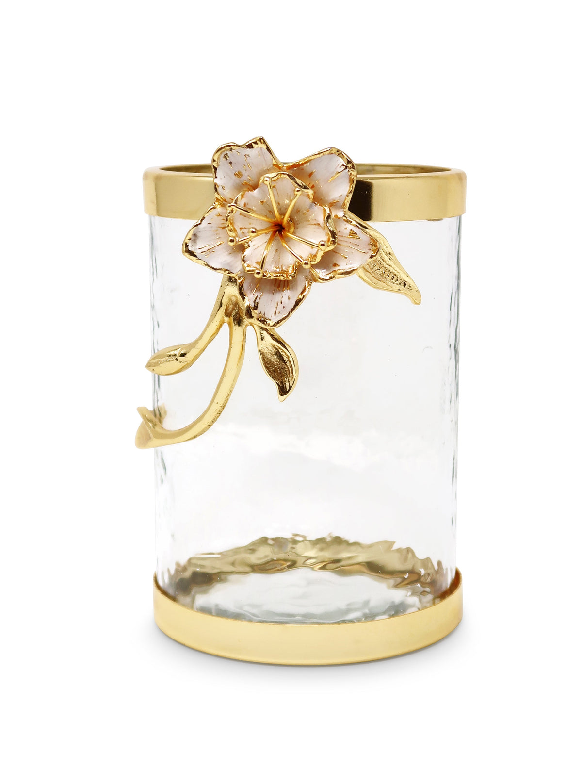 Hammered Glass Canister with White Enamel and Gold Leaf Flower, Marble Lid with Gold knob (3 sizes)