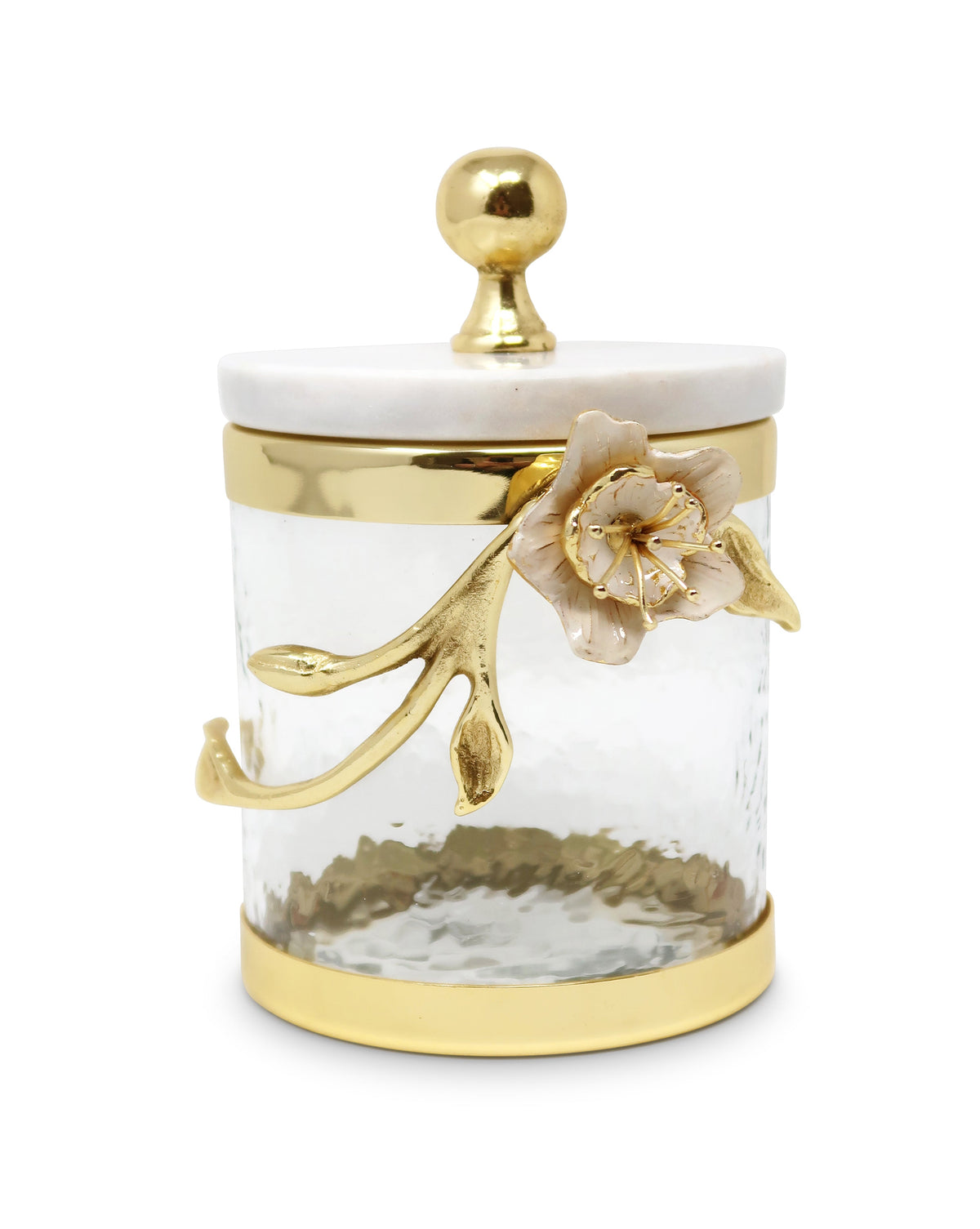 Hammered Glass Canister with White Enamel and Gold Leaf Flower, Marble Lid with Gold knob (3 sizes)