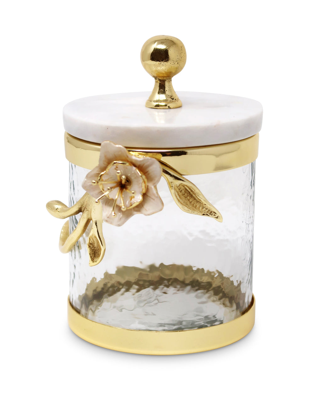Hammered Glass Canister with White Enamel and Gold Leaf Flower, Marble Lid with Gold knob (3 sizes)