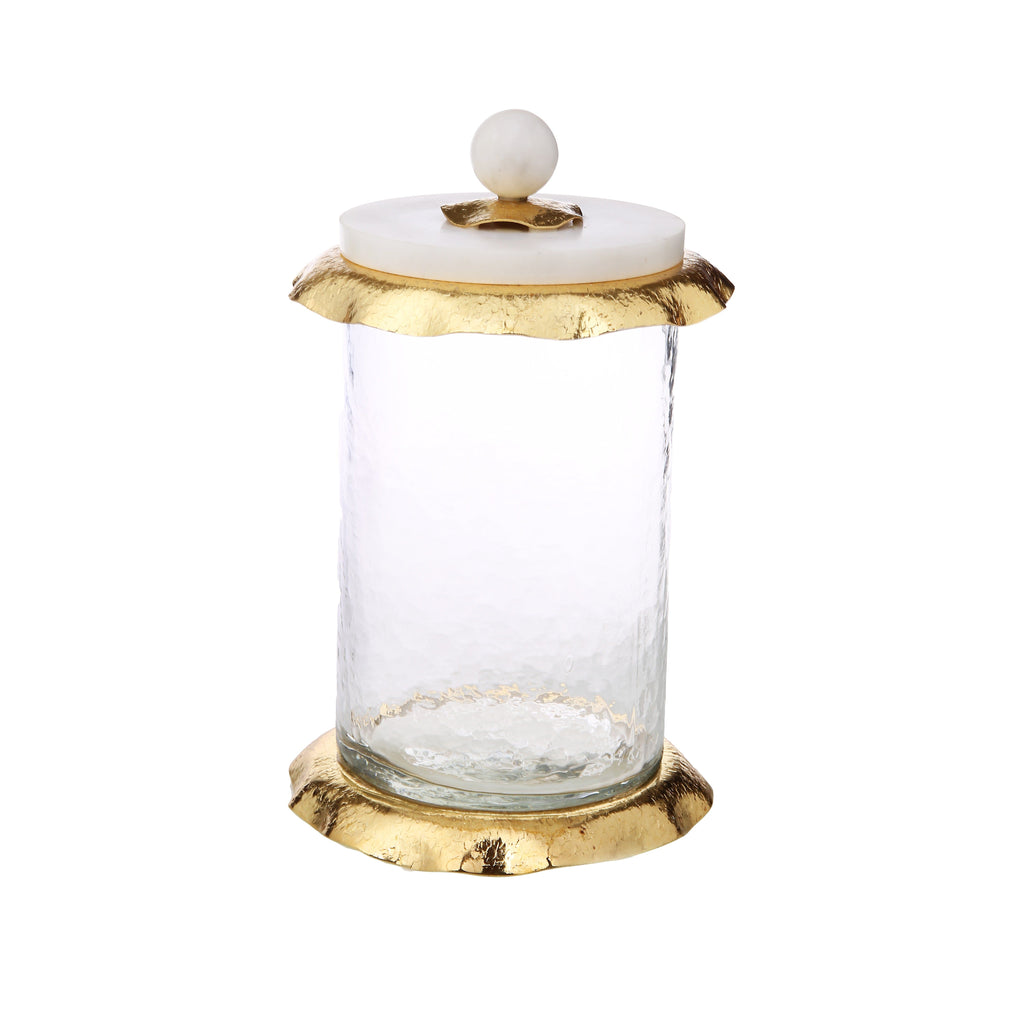 Large Glass Canister With Marble And Gold Lid - 5”D