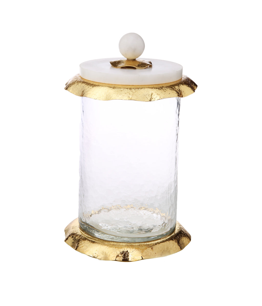 Medium Glass Canister With Marble And Gold Lid - 5”D x 9”H