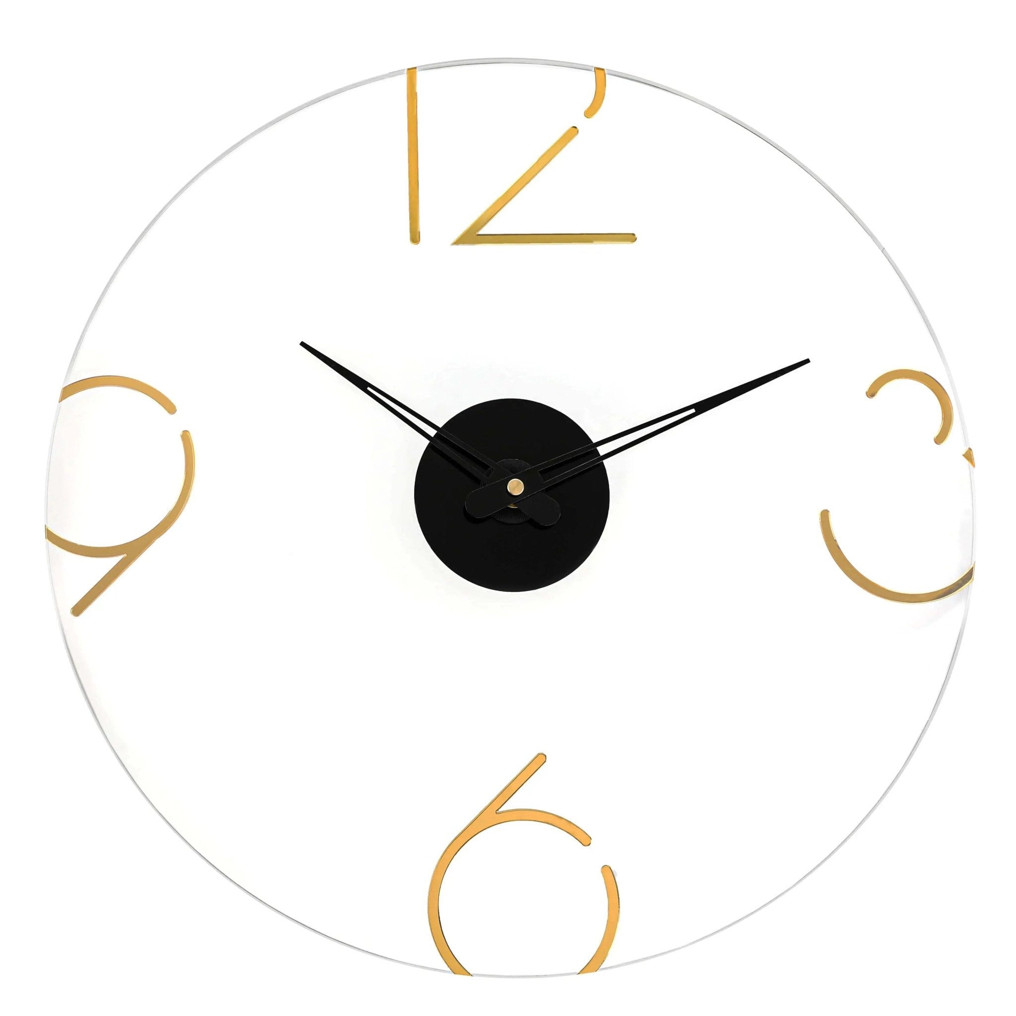 Gold Number Clock with black hands and gold metal numerals on white face, modern minimalist wall art design