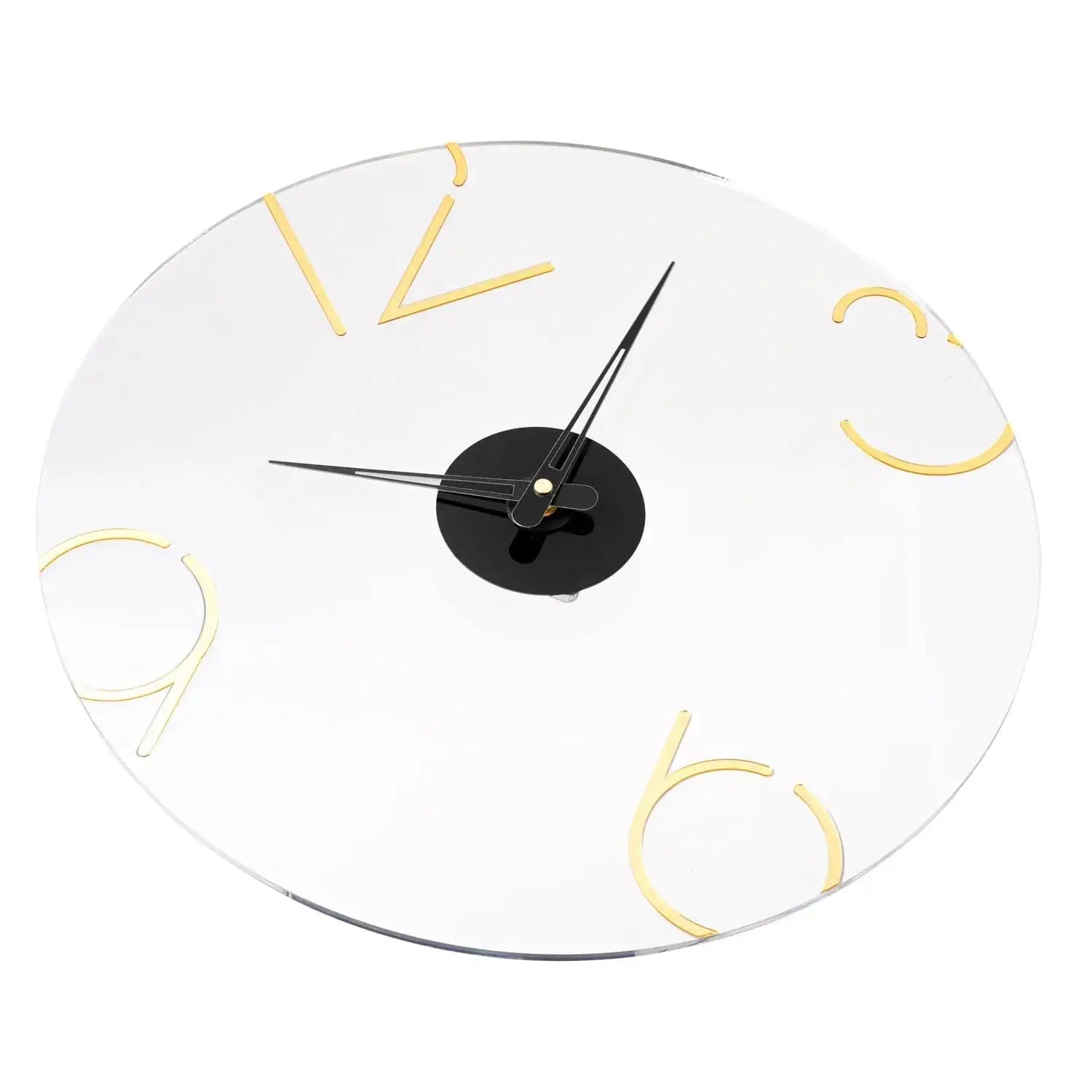 Gold Number Clock with black hands on white face and metal gold-outlined numerals, modern wall art design