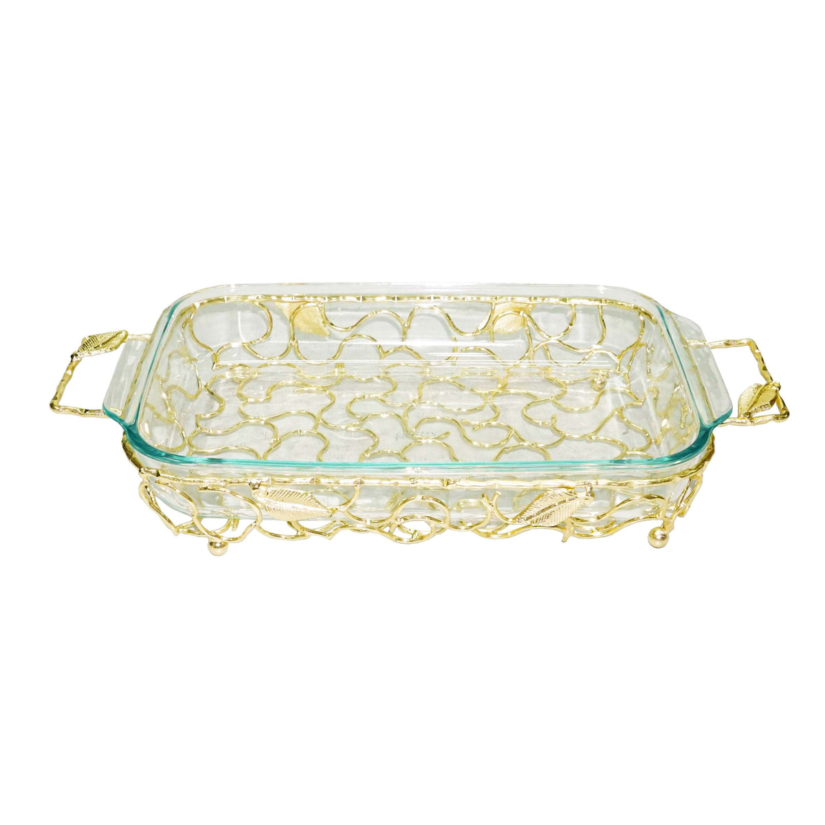 Rectangular Gold Handled Pyrex Holder with Leaf Design