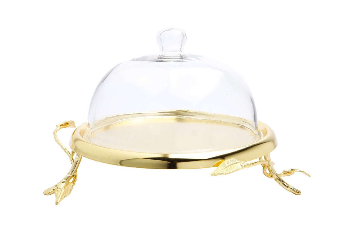 10.5" Gold Leaf Cake Plate with Glass Dome
