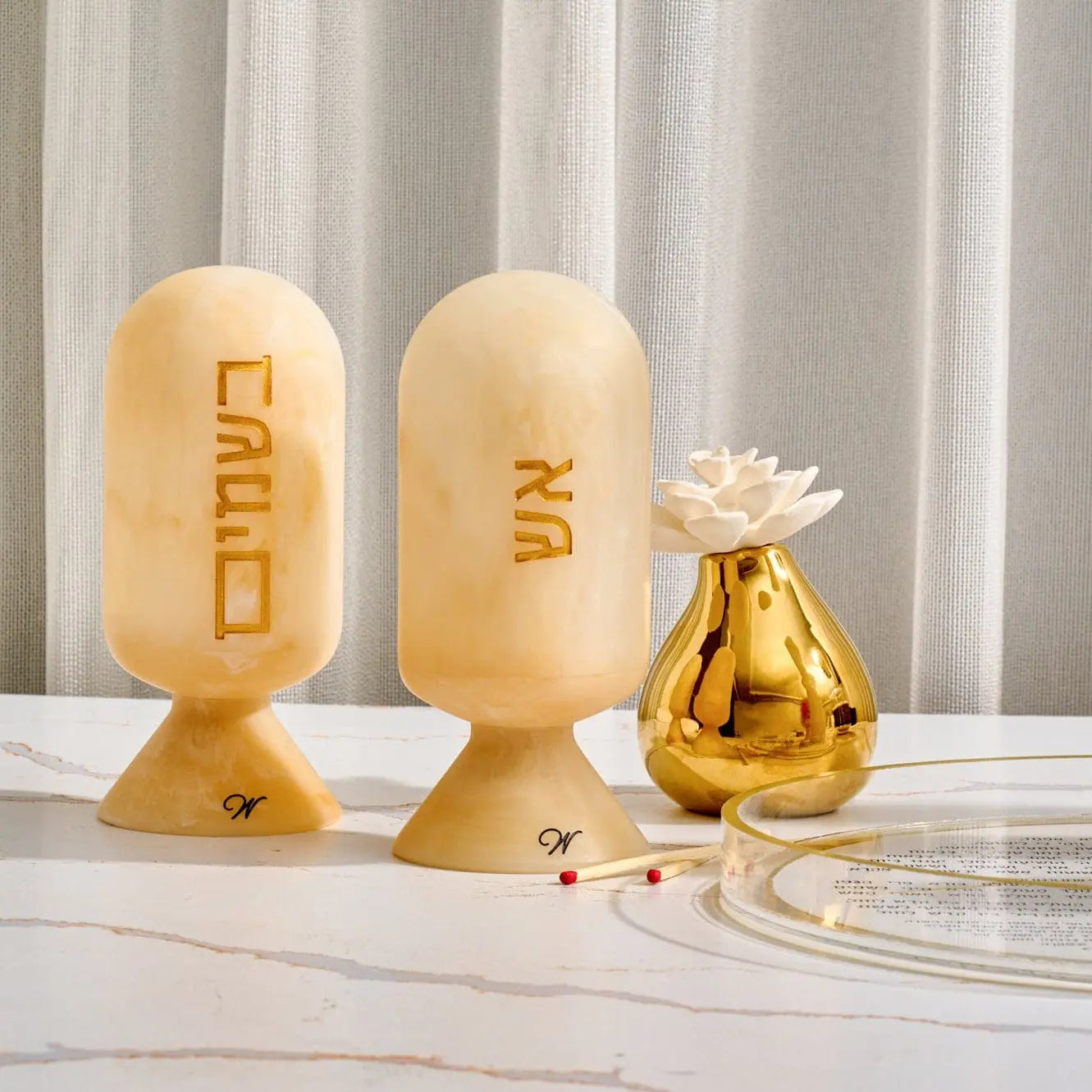 Wooden resin besamim cloche with gold metal base and spice container, ideal for Shabbat and Jewish home decor.