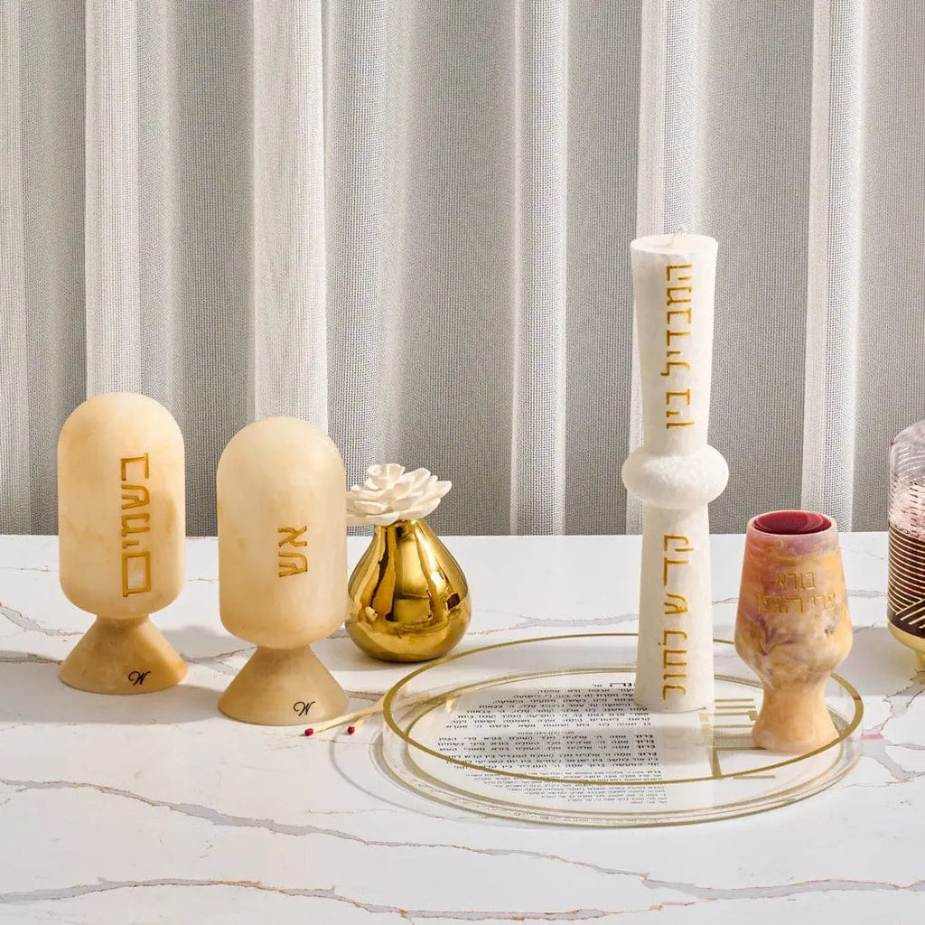 Wooden resin Besamim cloche with metal accents and spice ball, displayed with matching Shabbat judaica accessories on marble surface
