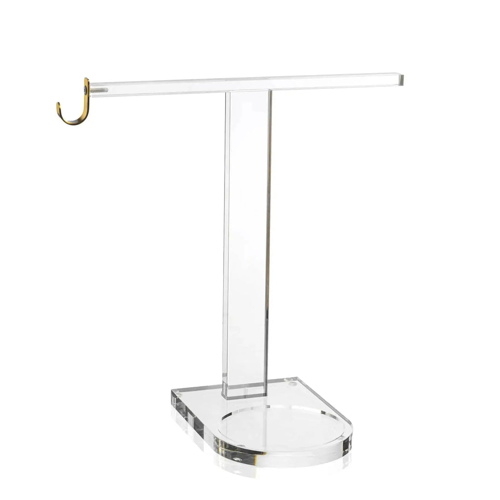 Clear acrylic towel and cup stand with ring holder from Waterdale Collection, featuring a sturdy base and vertical pole for bathroom or vanity organization.