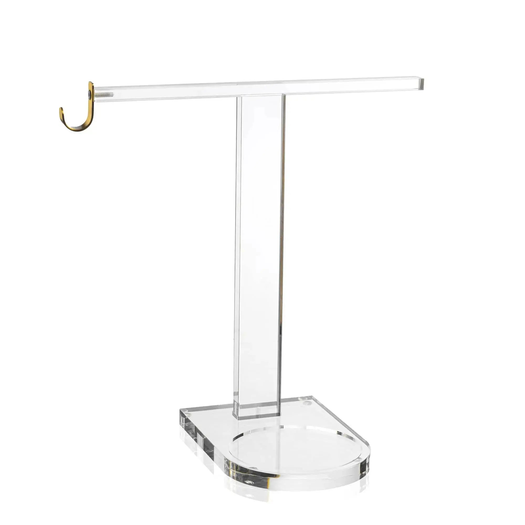 Clear acrylic towel and cup stand with ring holder from Waterdale Collection, featuring a sturdy base and vertical pole for bathroom or vanity organization.