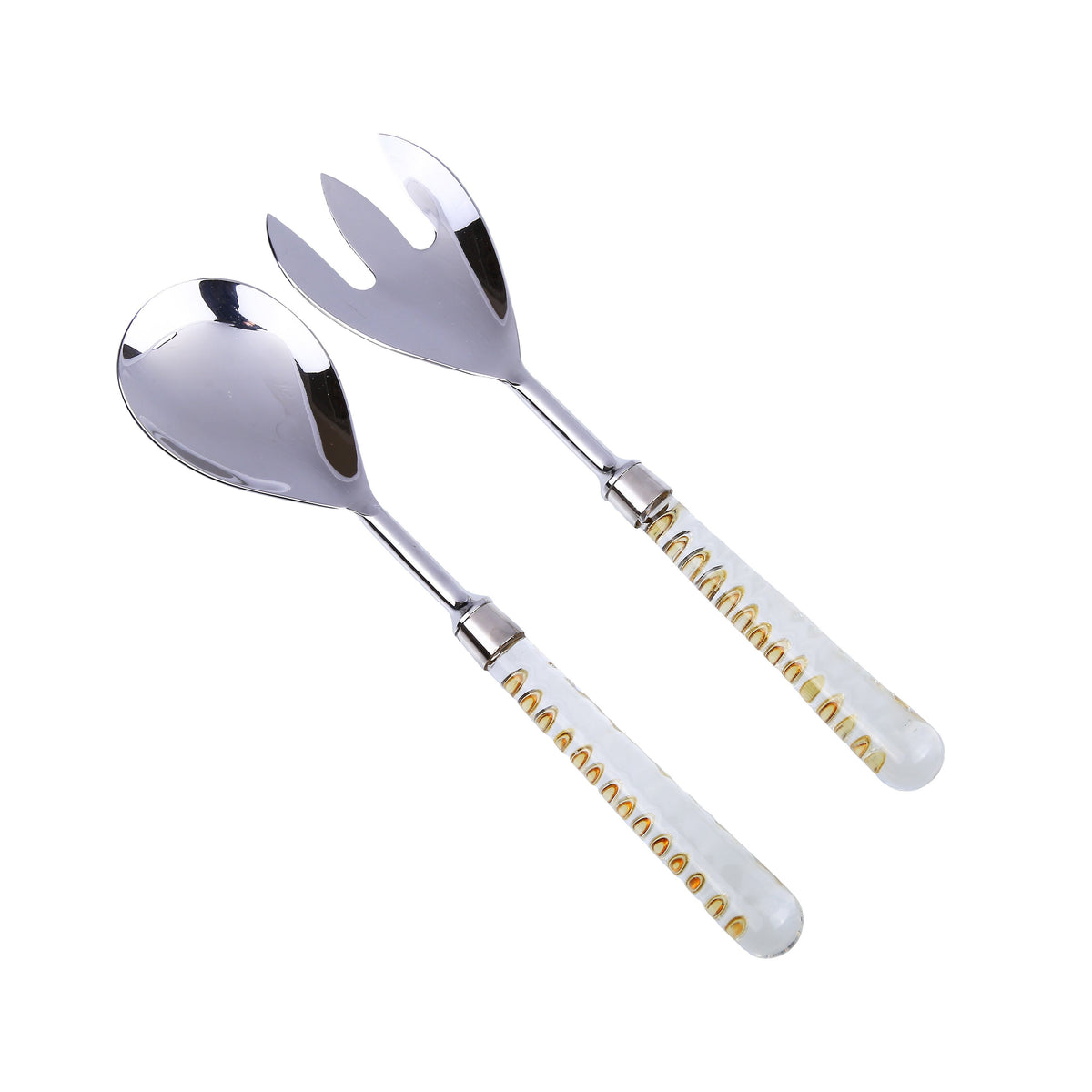 S/2 Stainless Steel Salad Servers With Glass Handle And Gold Inserted Design