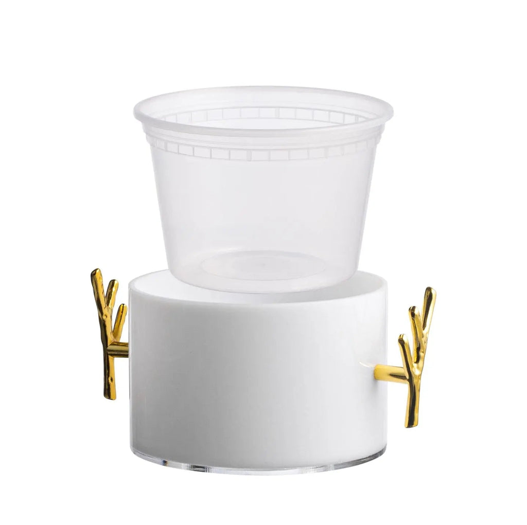 White ceramic dip holder with gold twig handles and clear removable serving bowl, 1 lb capacity serveware for entertaining.