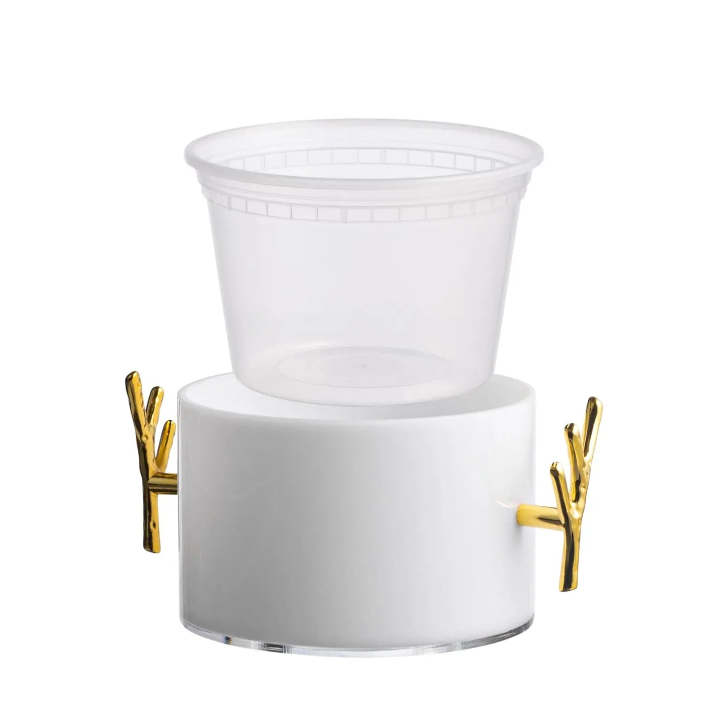 White ceramic dip holder with gold twig handles and clear removable serving bowl, 1 lb capacity serveware for entertaining.