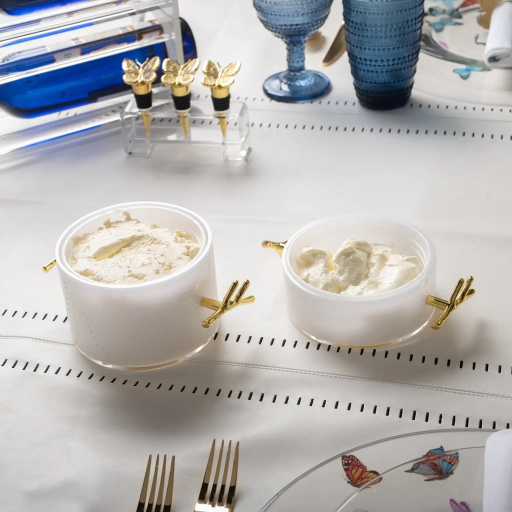 White ceramic 1 lb dip holder with gold twig handles, styled on a table setting with dinnerware and glassware from Waterdale Collection.