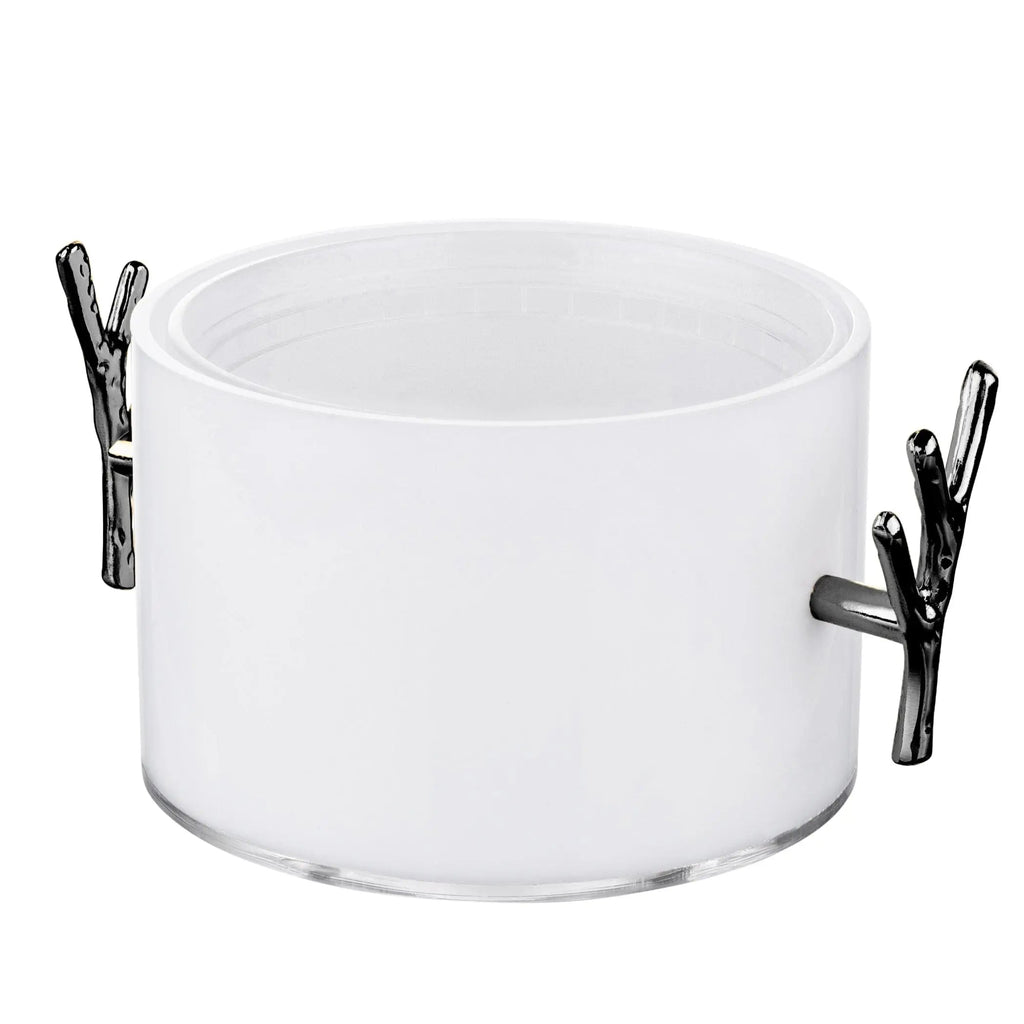 White ceramic 1 lb dip holder with black clip handles for serving appetizers and condiments at gatherings.