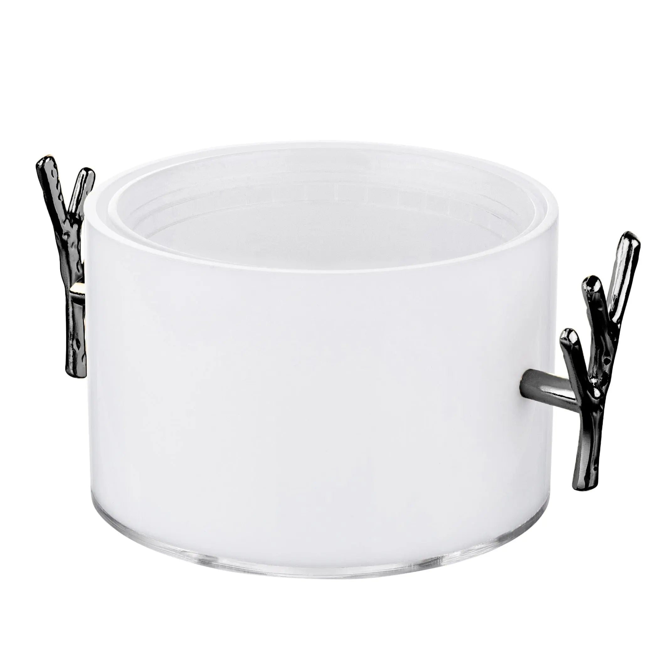 White ceramic 1 lb dip holder with black clip handles for serving appetizers and condiments at gatherings.