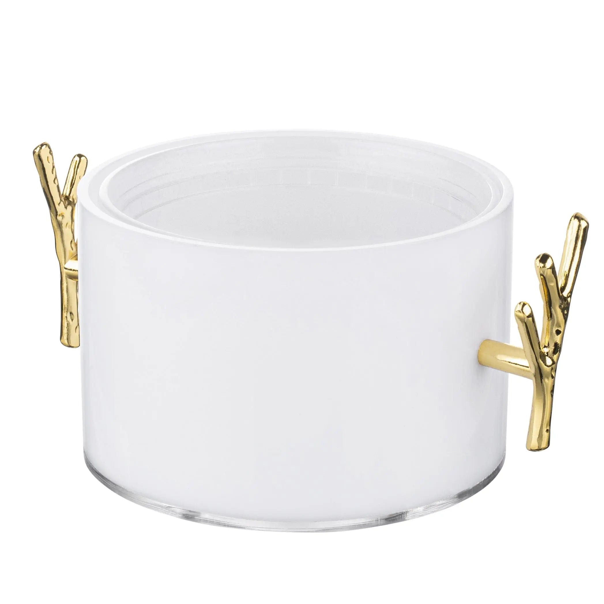 White ceramic 1 lb dip holder with gold twig-shaped handles for serving appetizers and dips at dinner parties or gatherings.