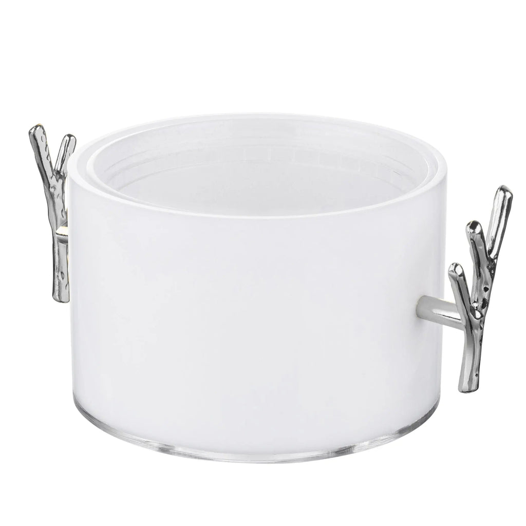 White ceramic 1 lb dip holder with dual twig-style handles for serving appetizers and condiments at the table.