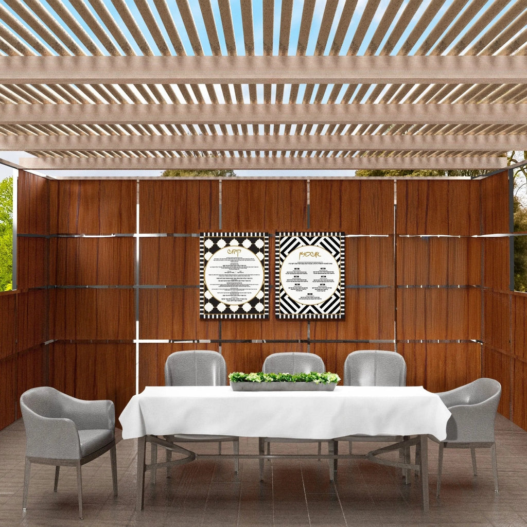 Onyx Sukkah decoration set displayed on white console table with two matching wall art pieces featuring geometric designs in modern home setting.