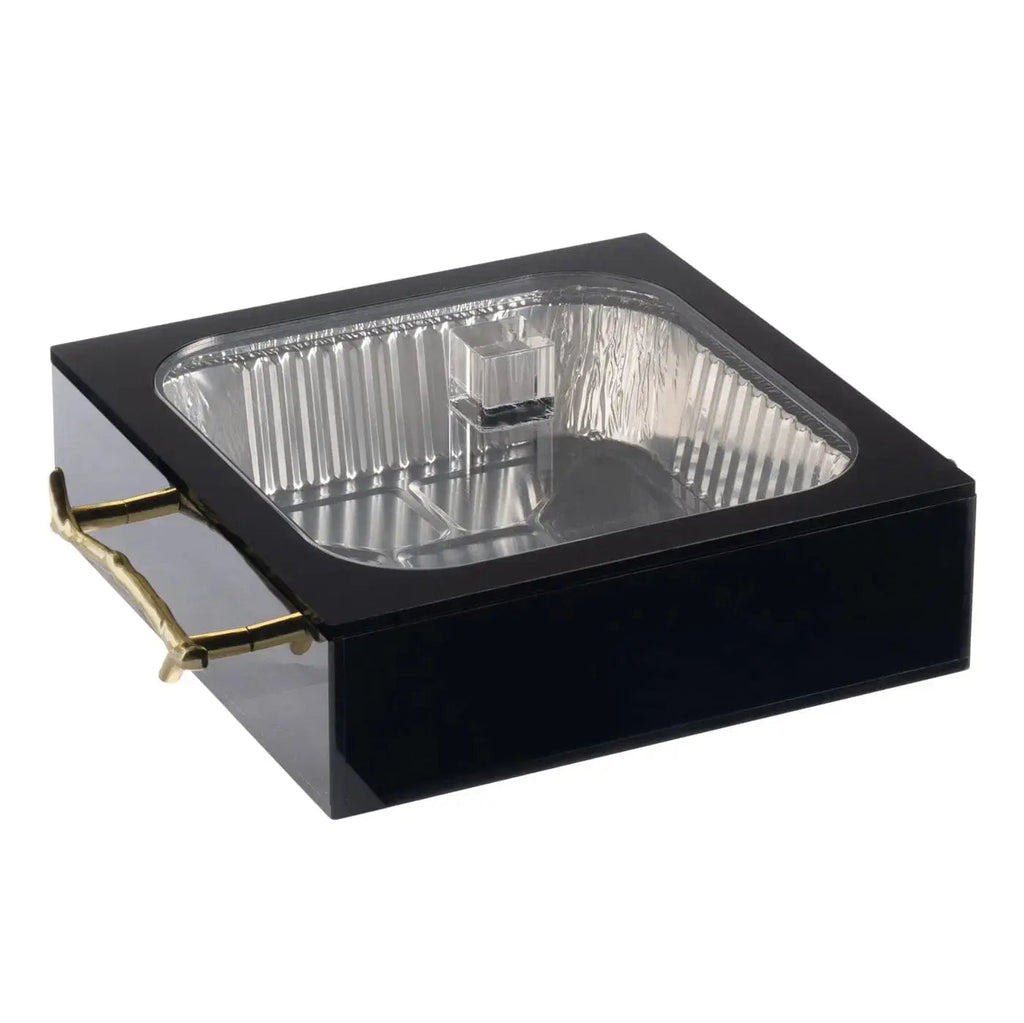 Black 8x8 pan holder with clear ribbed insert and brass handles, ideal for serving dishes and tabletop storage.