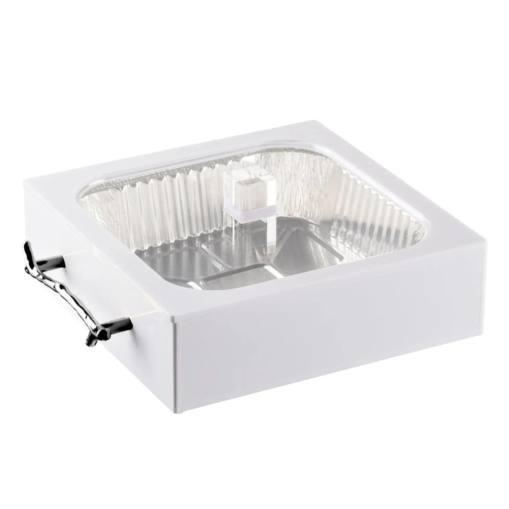 White 8x8 pan holder with clear hinged lid and two black handles, ideal for serving baked goods and pastries.
