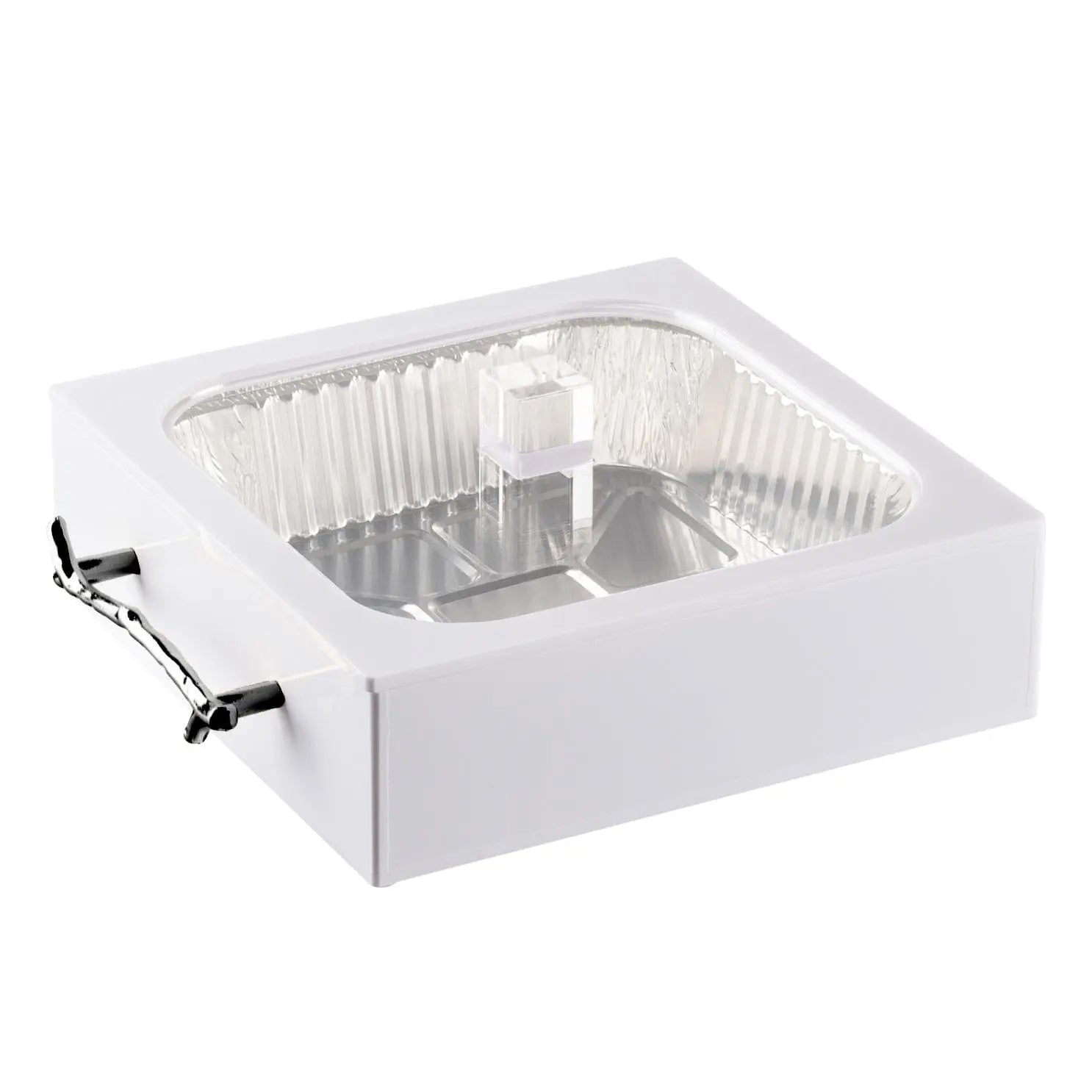 White 8x8 pan holder with clear hinged lid and two black handles, ideal for serving baked goods and pastries.