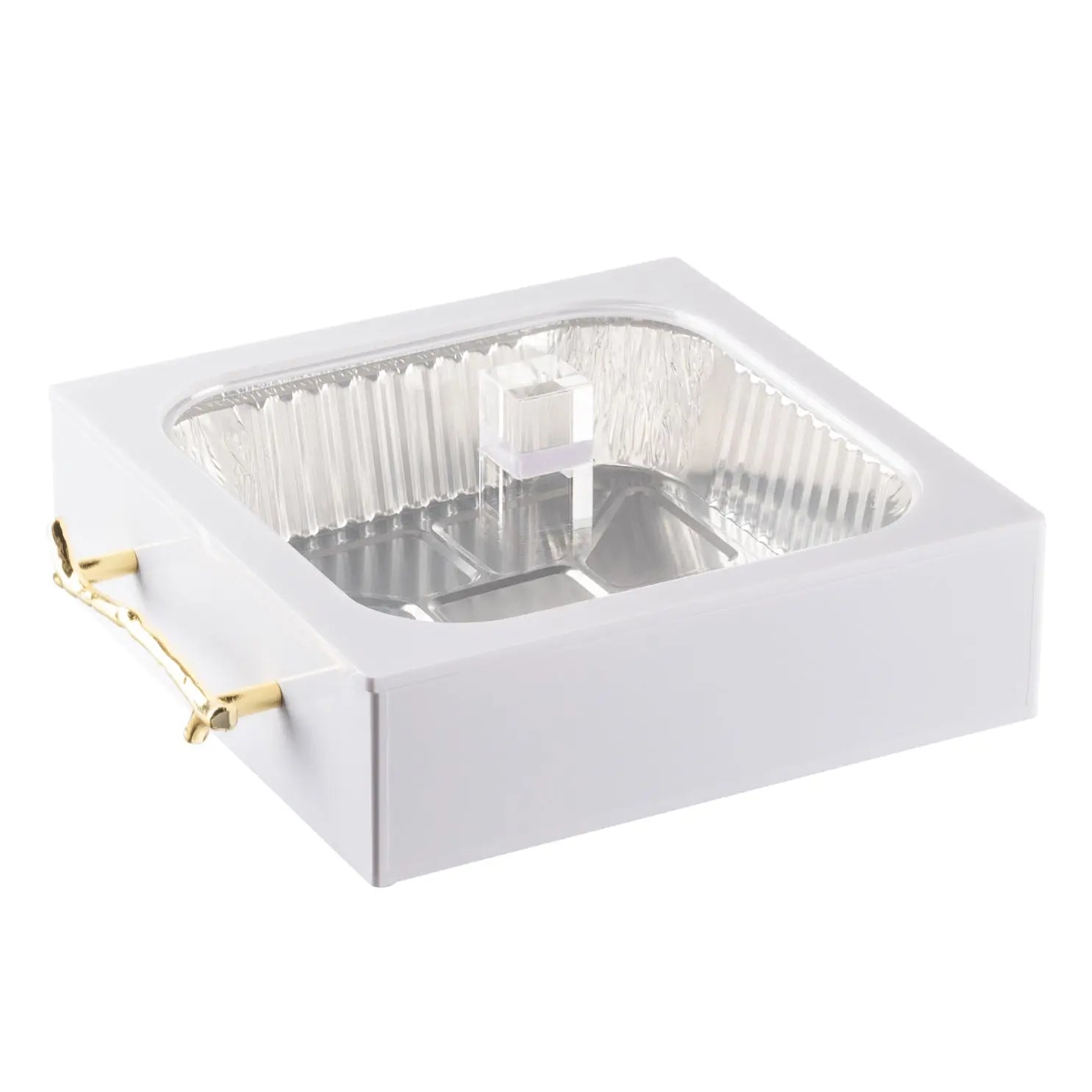 White 8x8 pan holder with clear plastic insert and gold handles for serving and storage.