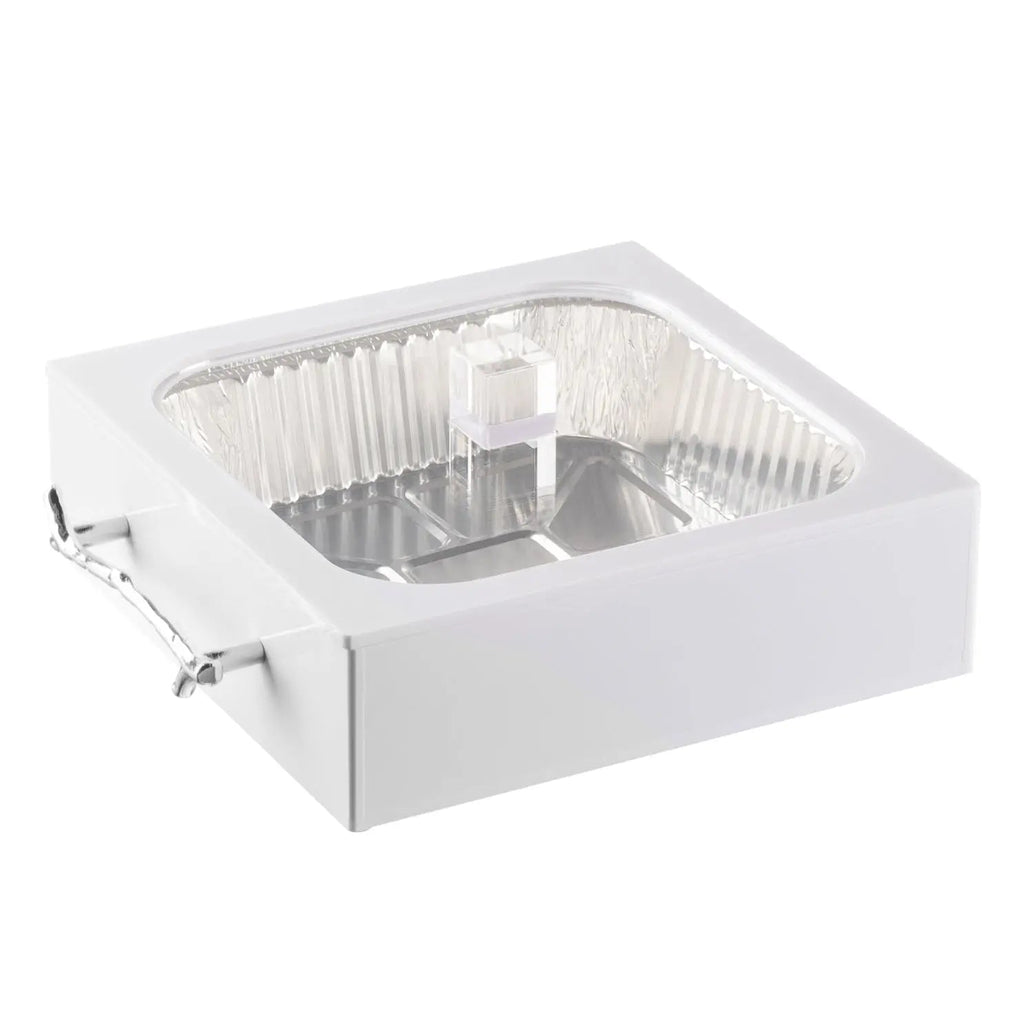 White 8x8 pan holder with clear acrylic insert and handles, perfect for serving dishes at holiday tables and events.