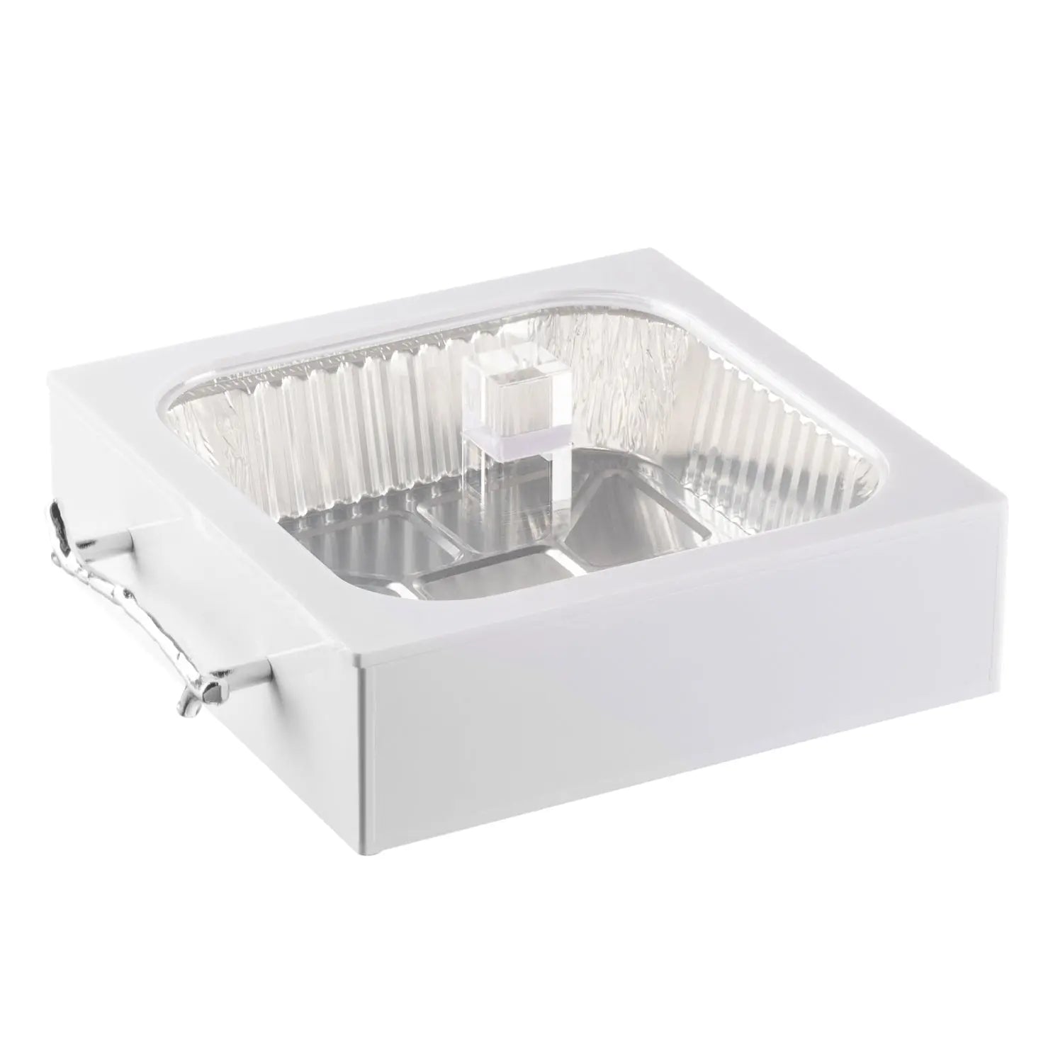 White 8x8 pan holder with clear acrylic insert and handles, perfect for serving dishes at holiday tables and events.