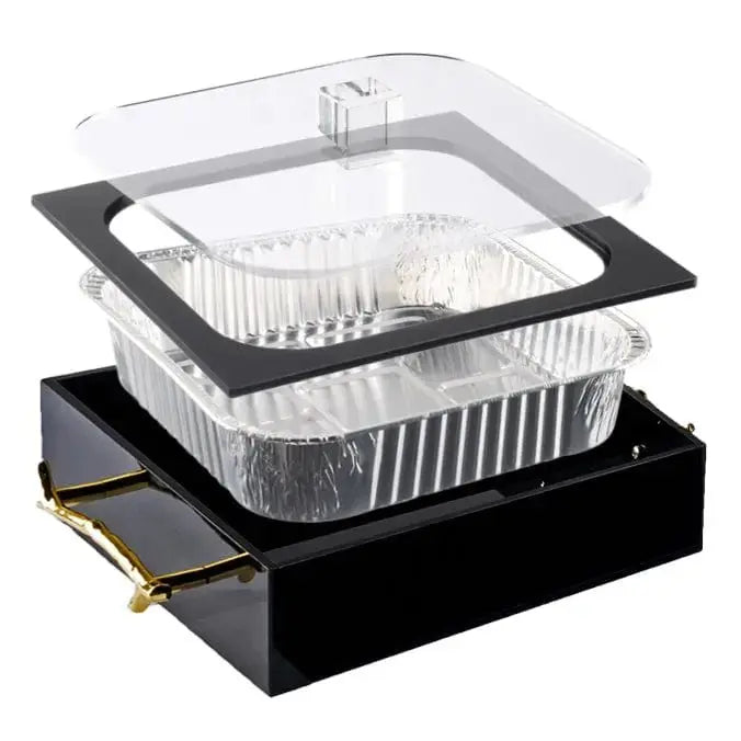 Black 8x8 pan holder with clear hinged lid and ribbed plastic insert, ideal for serving baked goods and pastries