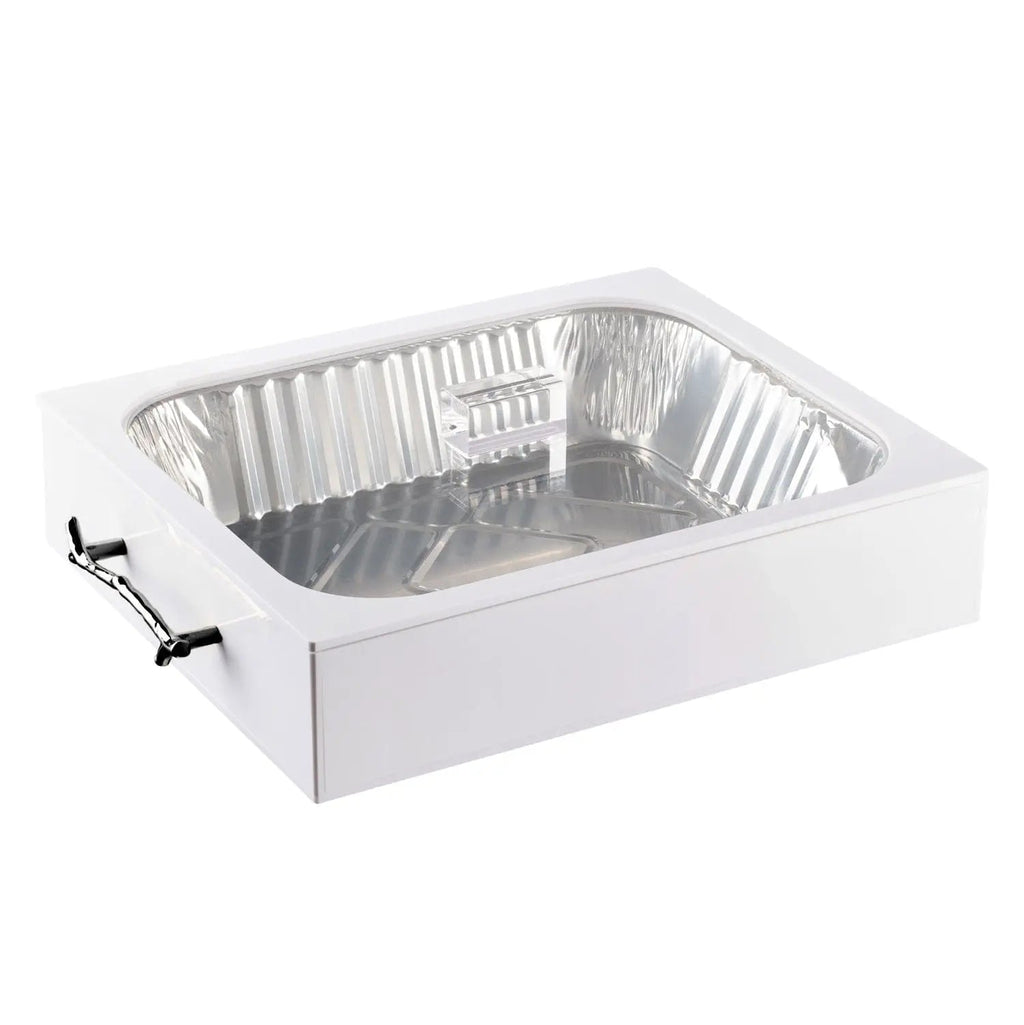 White Twig 9x13 pan holder with aluminum foil insert and handles for serving dishes at Jewish celebrations and events